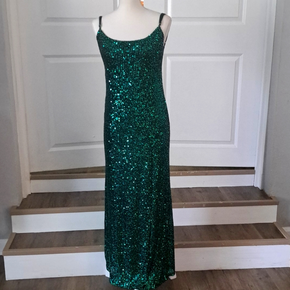 AGENDA DANNOS Spg Straps Sequin Maxi Dress Backless Split Evening Gown L NWT